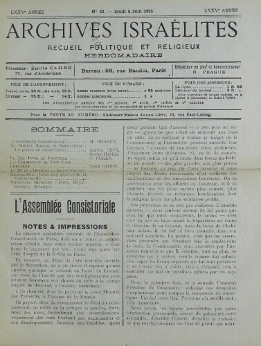 Archives israélites de France. Vol.75 N°23 (04 juin 1914)